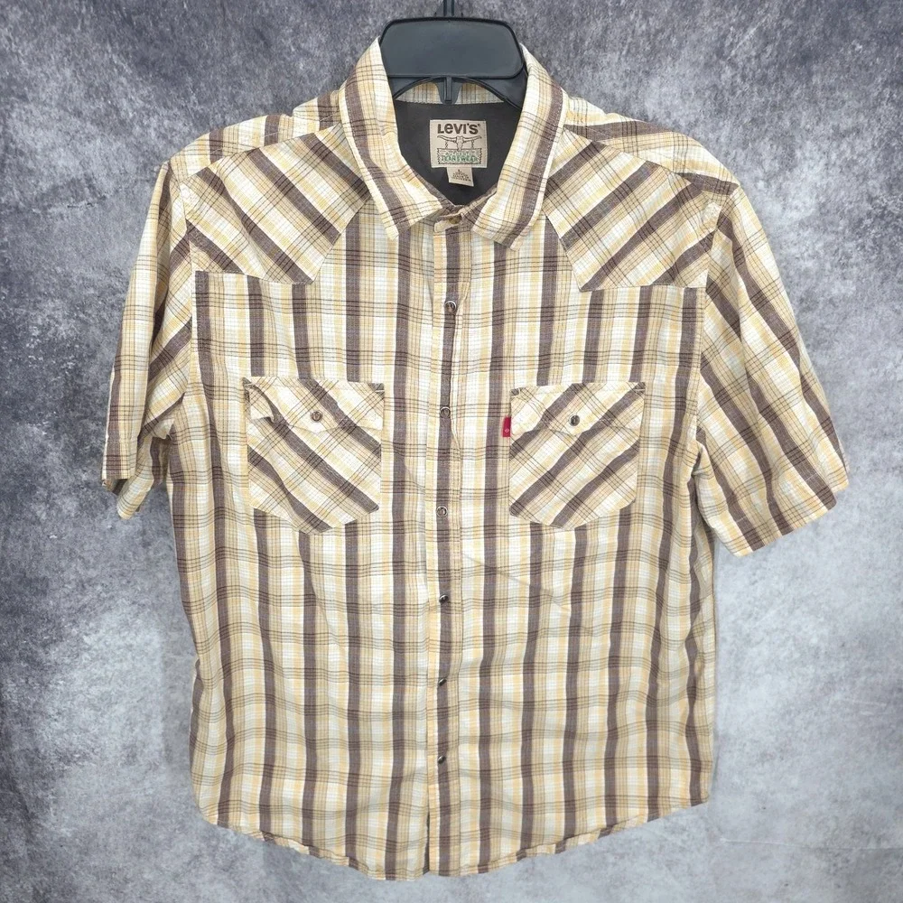 Levis Western Shirt Mens Large Yellow Plaid Pearl Snap‎ Cowboy Rodeo Vaquero